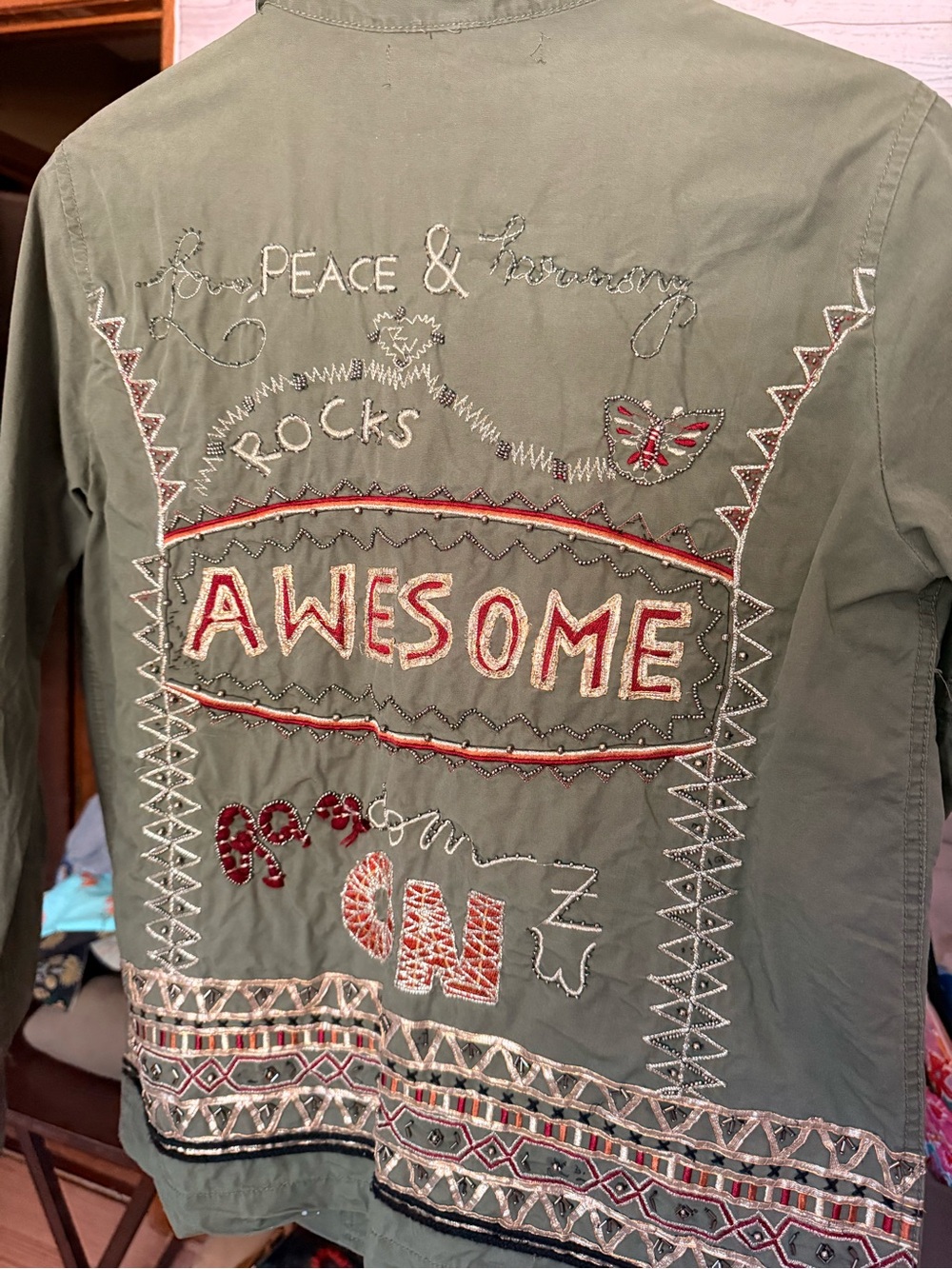 Zara Olive Green Embroidered 'Awesome' Button-Down Shirt